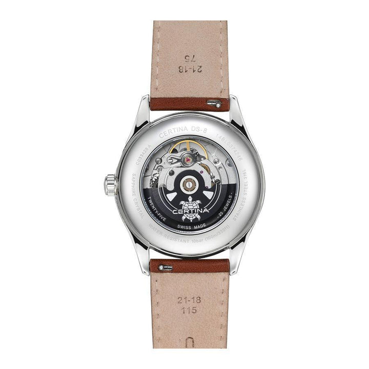 Certina DS-8 black dial with leather strap, watch in steel with visible automatic movement and brown leather strap. Model C0334281605100