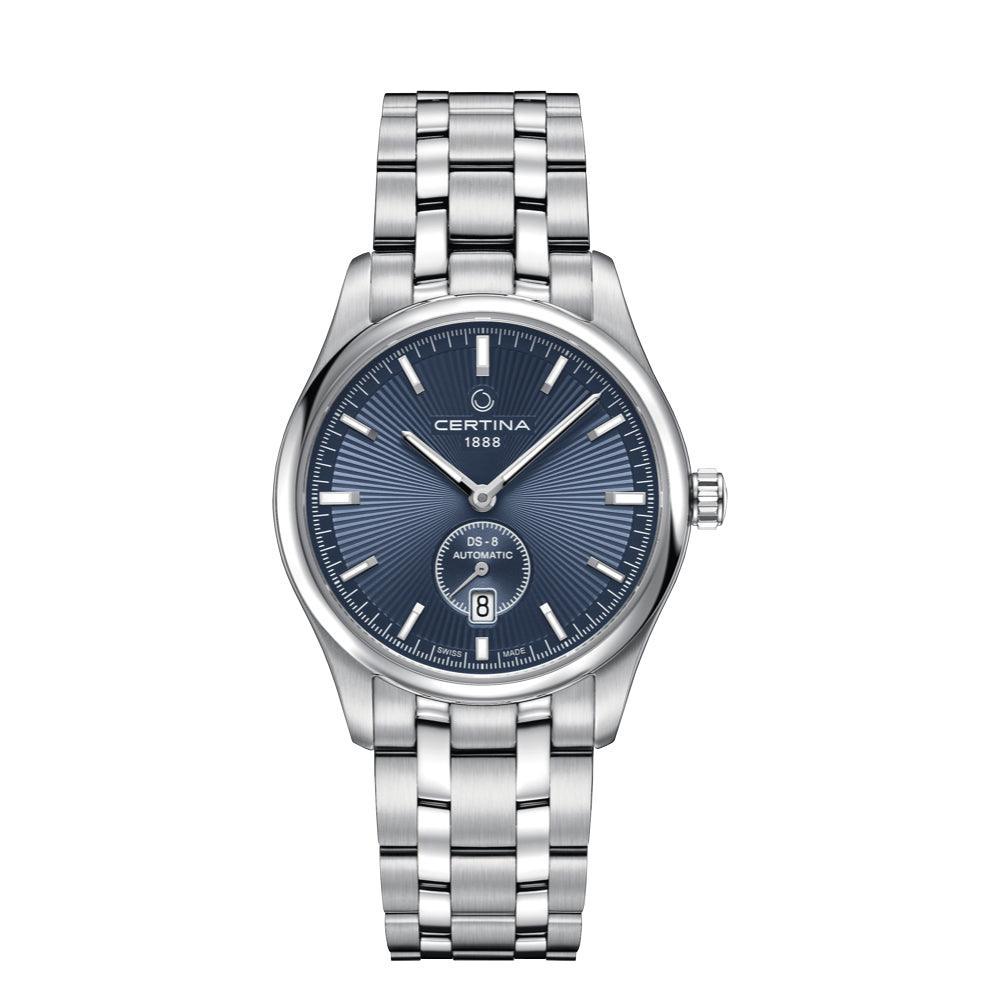 Certina DS-8 steel chain with blue dial, classic men's watch in steel with blue dial. Model C0334281104100