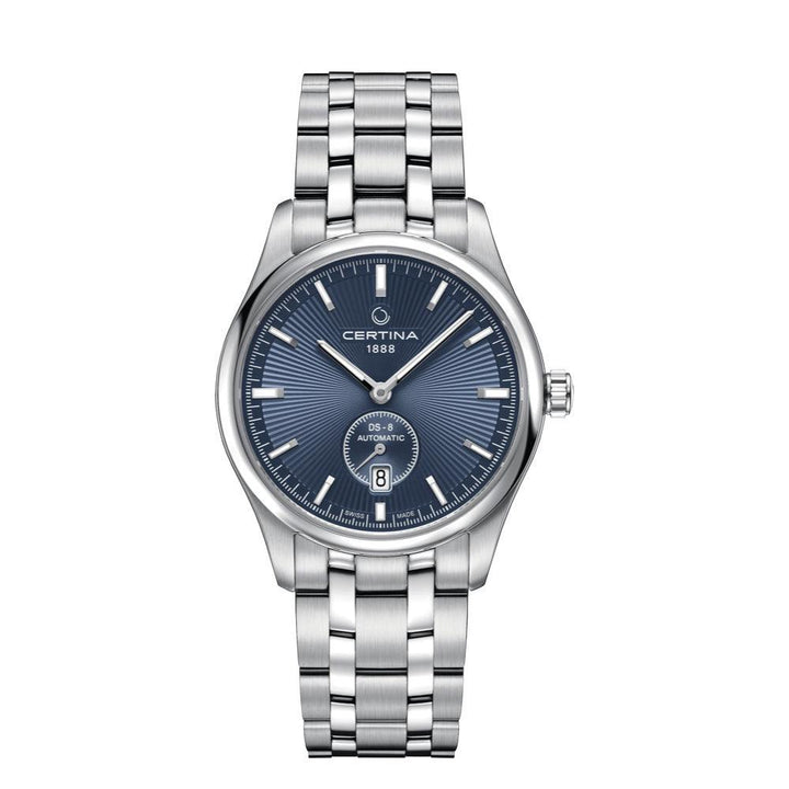 Certina DS-8 steel chain with blue dial, classic men's watch in steel with blue dial. Model C0334281104100