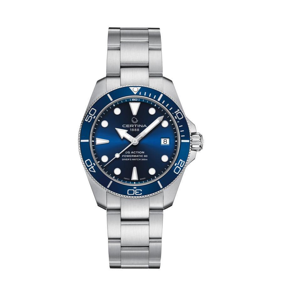 Certina DS Action Powermatic 80 with blue dial and silver steel chain. Model C0328071104100.