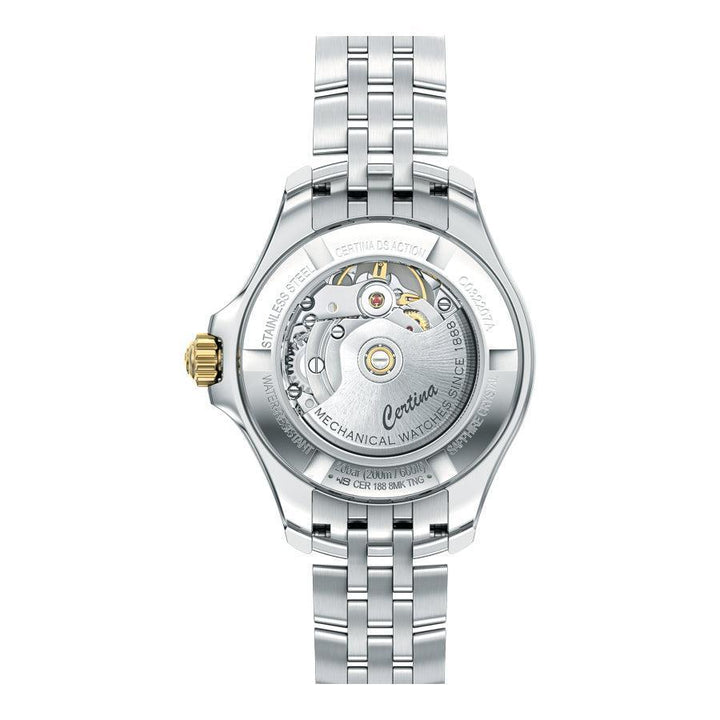The Certina DS Action Powermatic 80 Ladies' Watch with Diamonds shows the caseback of a silver watch with a steel chain and gold crown. Model C0322072211600