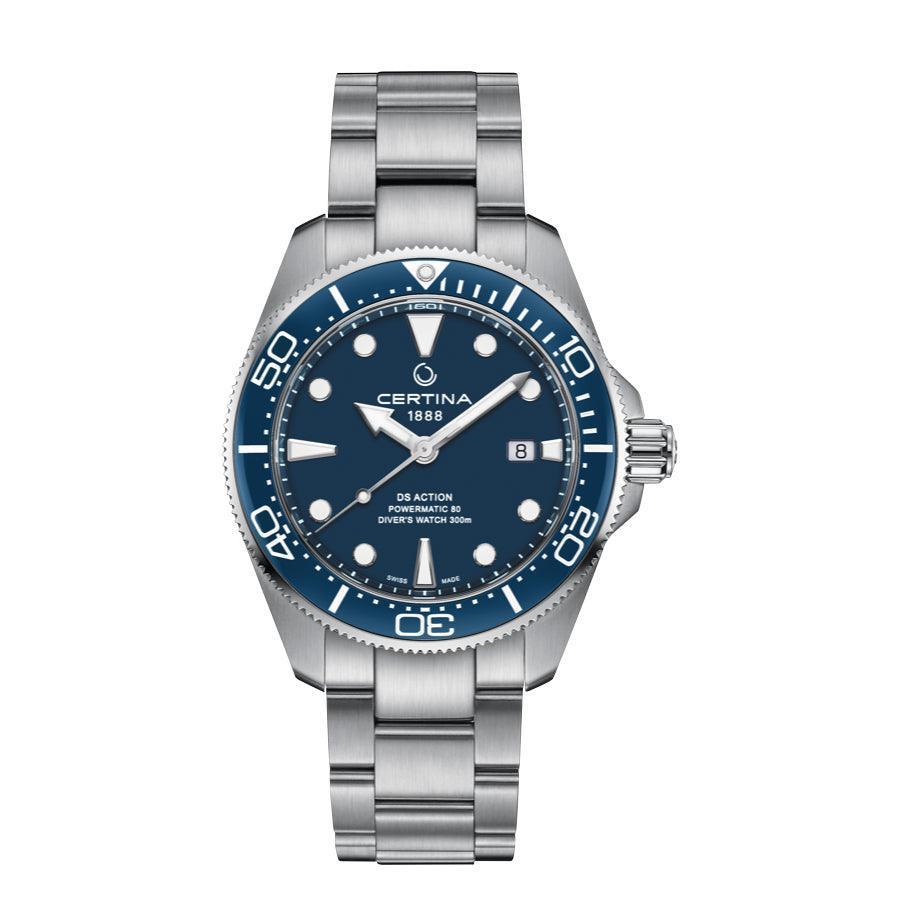 Certina DS Action Powermatic 80 men's watch with blue dial and silver-colored steel chain. Model C0326071104100