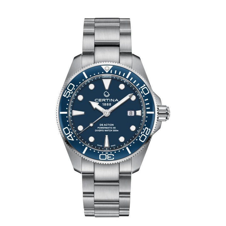 Certina DS Action Powermatic 80 men's watch with blue dial and silver-colored steel chain. Model C0326071104100