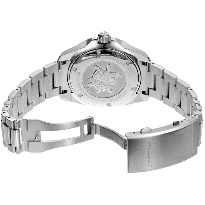 Certina DS Action Powermatic 80 men's watch with open folding clasp and solid steel link, back shows tortoise engraving, Model C0326071104100