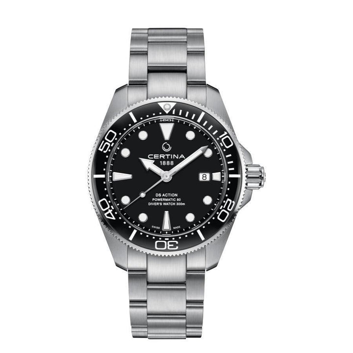Certina DS Action Powermatic 80 men's watch with black dial and steel chain. Model C0326071105100