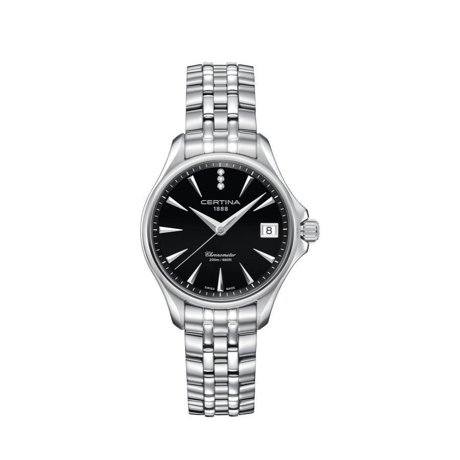Certina DS Action Quartz Women's watch with black dial and silver chain, elegant style. Model C0320511105600