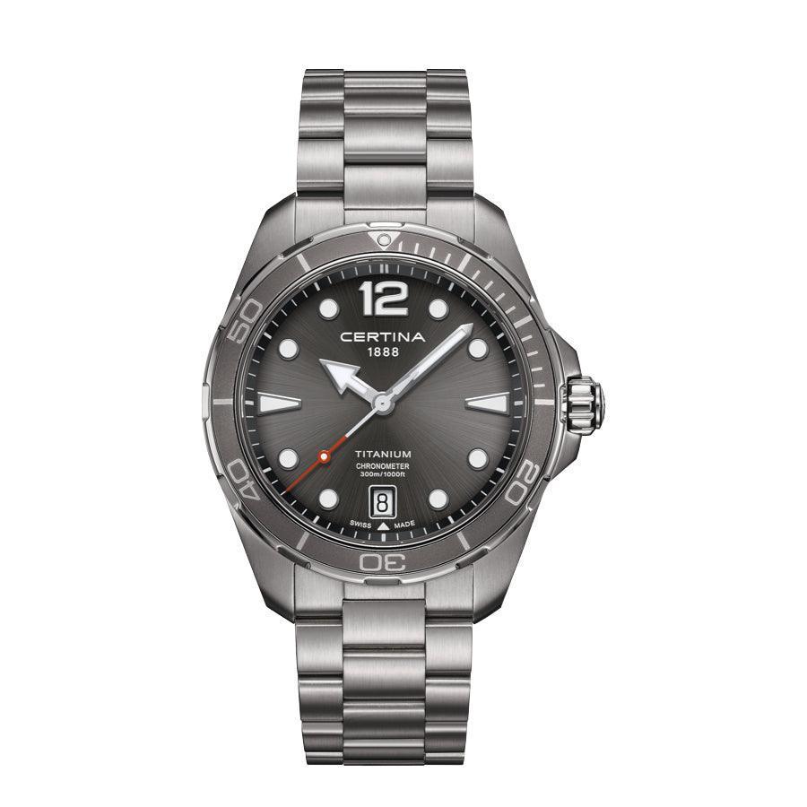Certina DS Action Titanium men's watch with gray dial and date, titanium link. Model C0324514408700