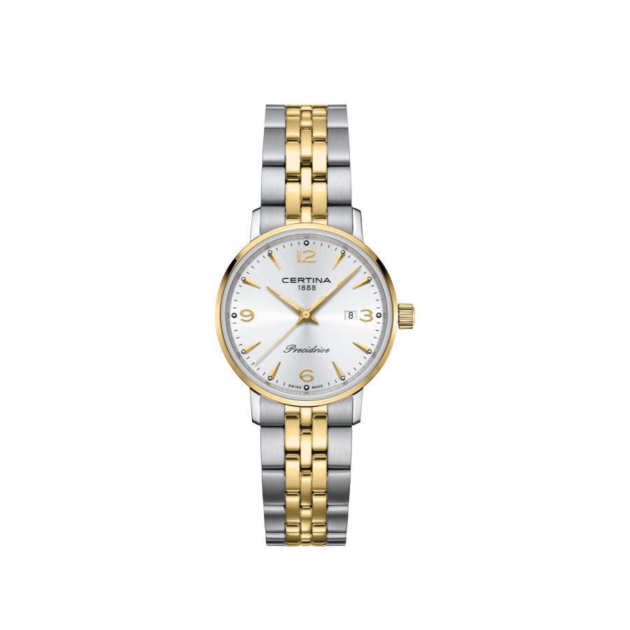 Certina DS Caimano Women's watch with white dial, two-tone steel chain and date display. Model C0352102203702.