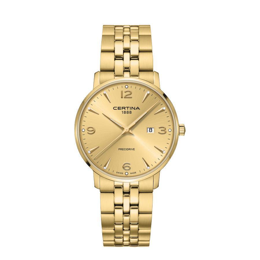 Certina DS Caimano men's watch gold PVD with golden dial, date and classic link. Model C0354103336700