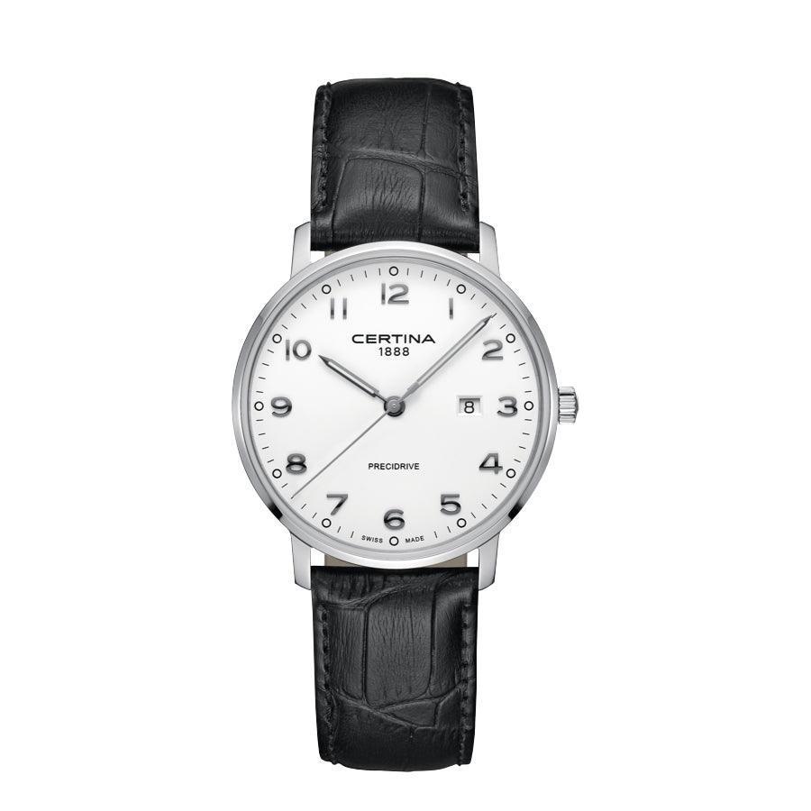 Certina DS Caimano men's watch with white dial and black leather strap. Model C0354101601200.