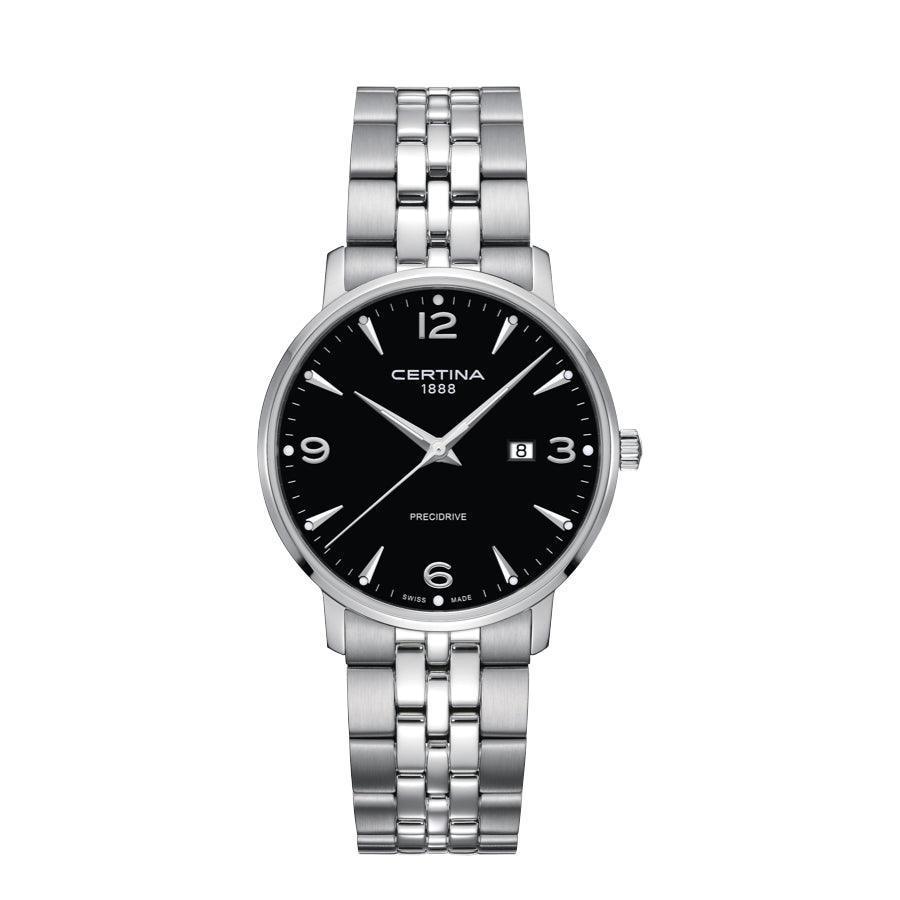 Certina DS Caimano men's watch black dial with date and silver-colored steel chain. Model C0354101105700