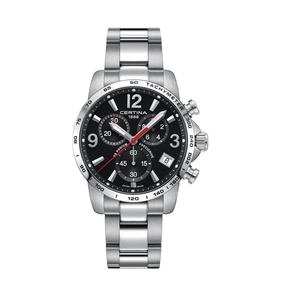 Certina DS Podium men's watch black dial with steel chain, chronograph and tachymeter. Model C0344171105700