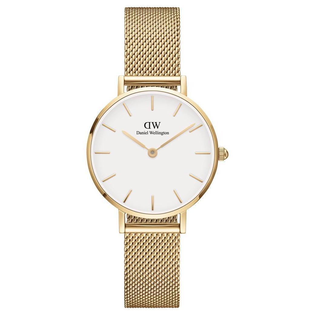 Daniel Wellington Classic Petite Evergold 28mm wristwatch with mesh gold strap and white dial. Model DW00100350.