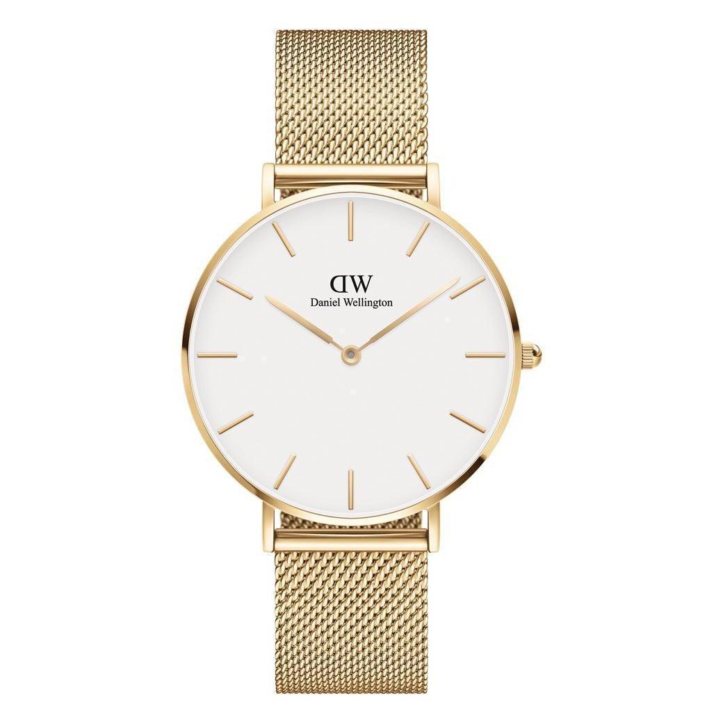 Daniel Wellington Classic Petite Evergold 36mm watch with white dial and gold mesh strap. Model DW00100346