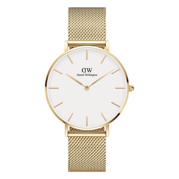 Daniel Wellington Classic Petite Evergold 36mm watch with white dial and gold mesh strap. Model DW00100346