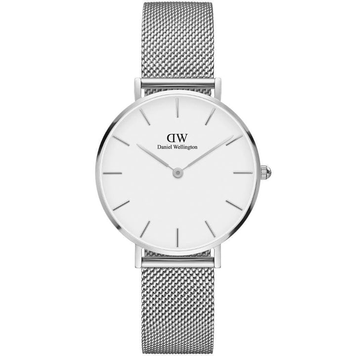 Daniel Wellington Classic Petite Sterling 32mm shows an elegant wristwatch in silver with a mesh strap. Model DW00100164.