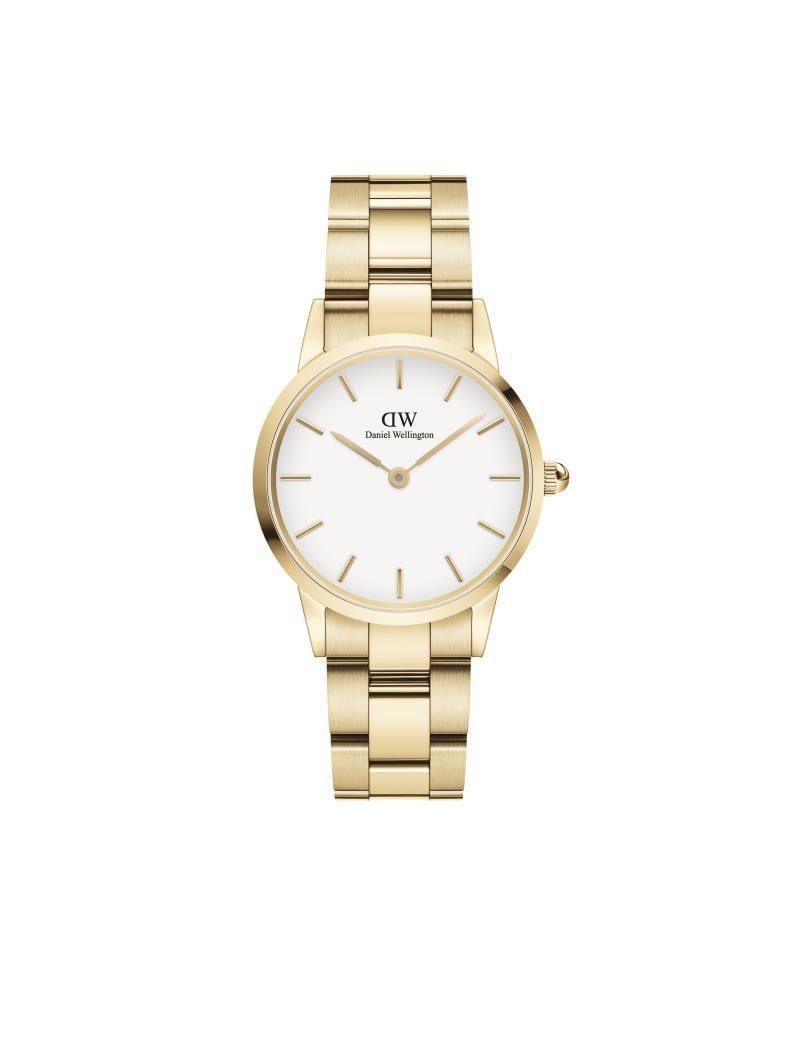 Daniel Wellington Iconic Link 28mm presented with gold-toned link and white dial. Model DW00100567.