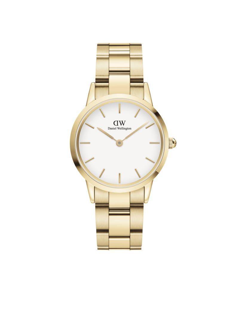 Daniel Wellington Iconic Link 32mm shown in gold steel chain and white dial, Model DW00100565.