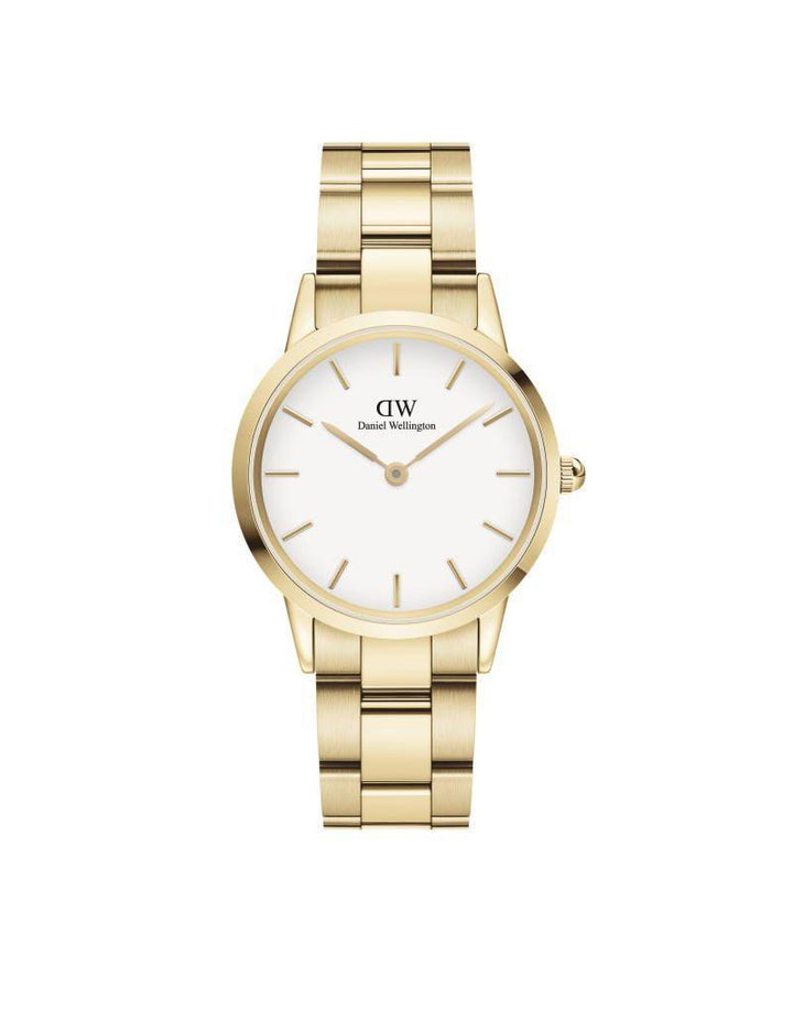 Daniel Wellington Iconic Link 32mm shown in gold steel chain and white dial, Model DW00100565.