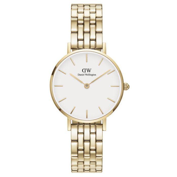 Daniel Wellington Petite Link Gold shows an elegant wristwatch in gold-colored steel with a white dial. Model DW00100614.