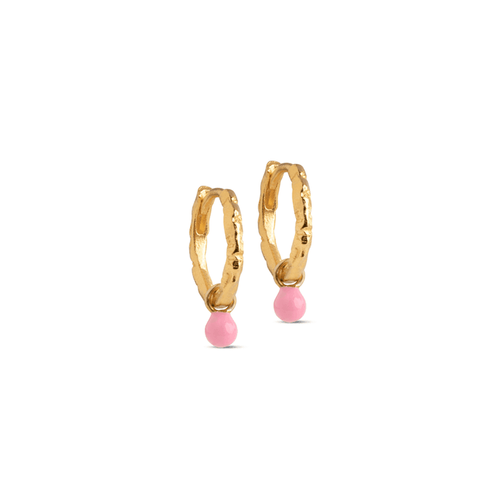 enamel belle gold plated hoops with pink pearls, detailed gold surface, model E245GM-LIGHTPINK