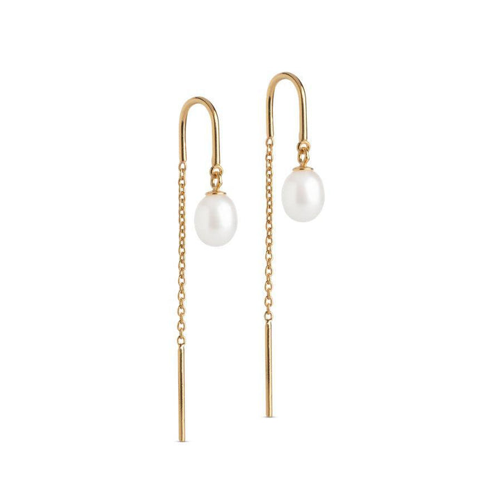 enamel eleanor pearl earring, elegant earrings in gold with chain and white freshwater pearl. Model E308G-E308G-1