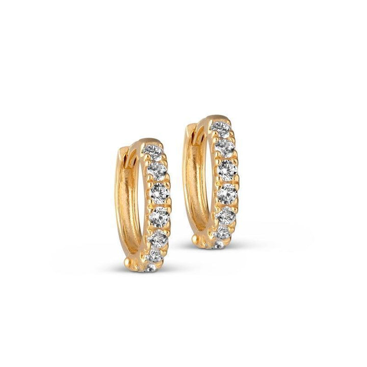Enamel Flora Gilded Hoops, small gold-colored hoops with clear stones in a stylish design. Model E145GM-E145GM-1.