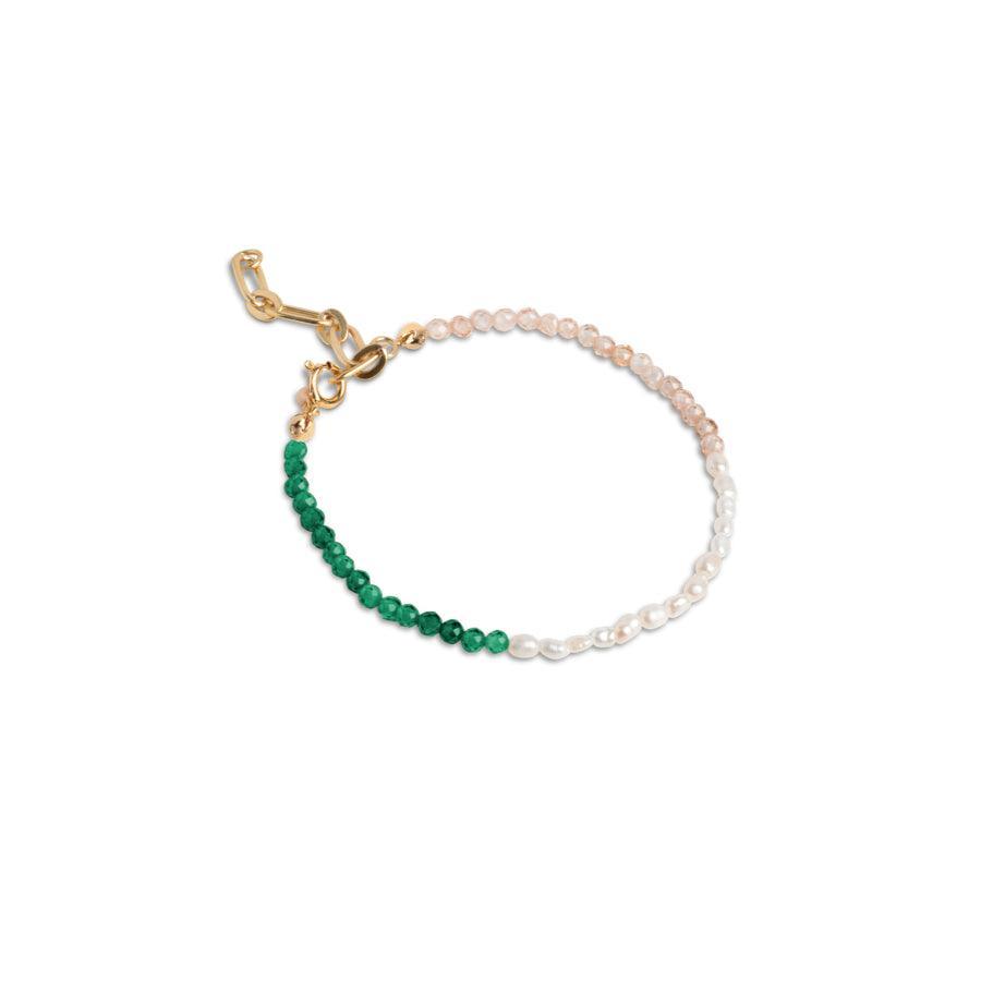 enamel gabriella bracelet shows a bracelet with green, white and pink pearls and a gold-coloured clasp. Model b105g-b105g-1