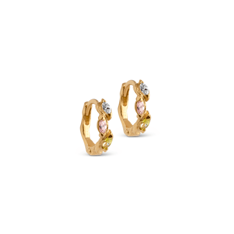 Enamel Laia Hoops shows small golden earrings with colored stones in pink, yellow and clear. Model E246GM-E246GM-1