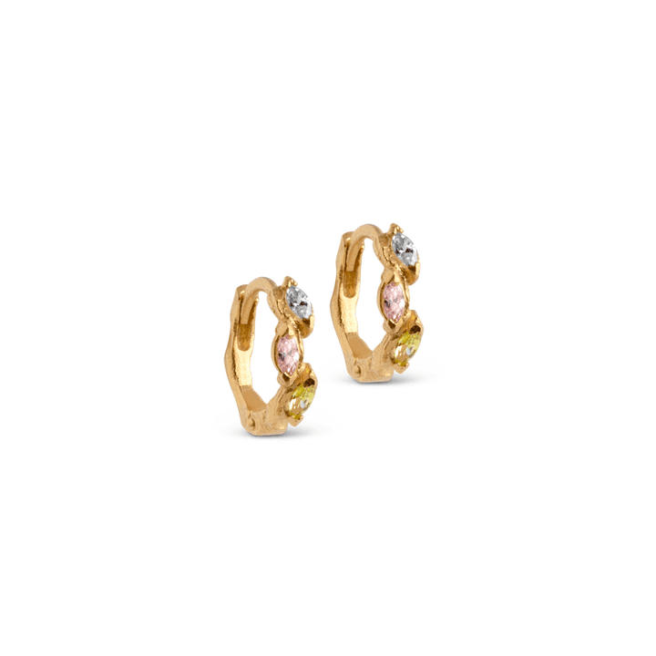 Enamel Laia Hoops shows small golden earrings with colored stones in pink, yellow and clear. Model E246GM-E246GM-1