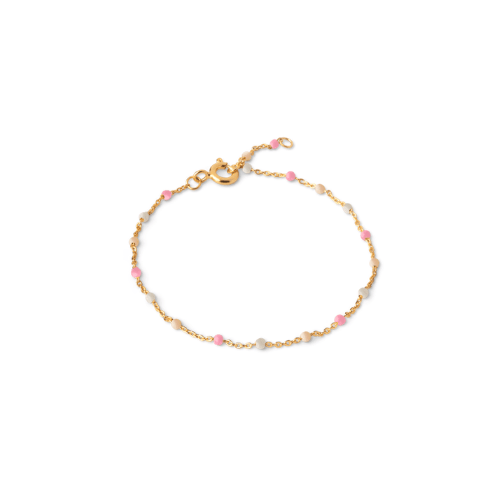 Enamel Lola Bracelet B66G-Tropical with small pink and light pearls on a thin gold chain. Model B66G-Tropical-1