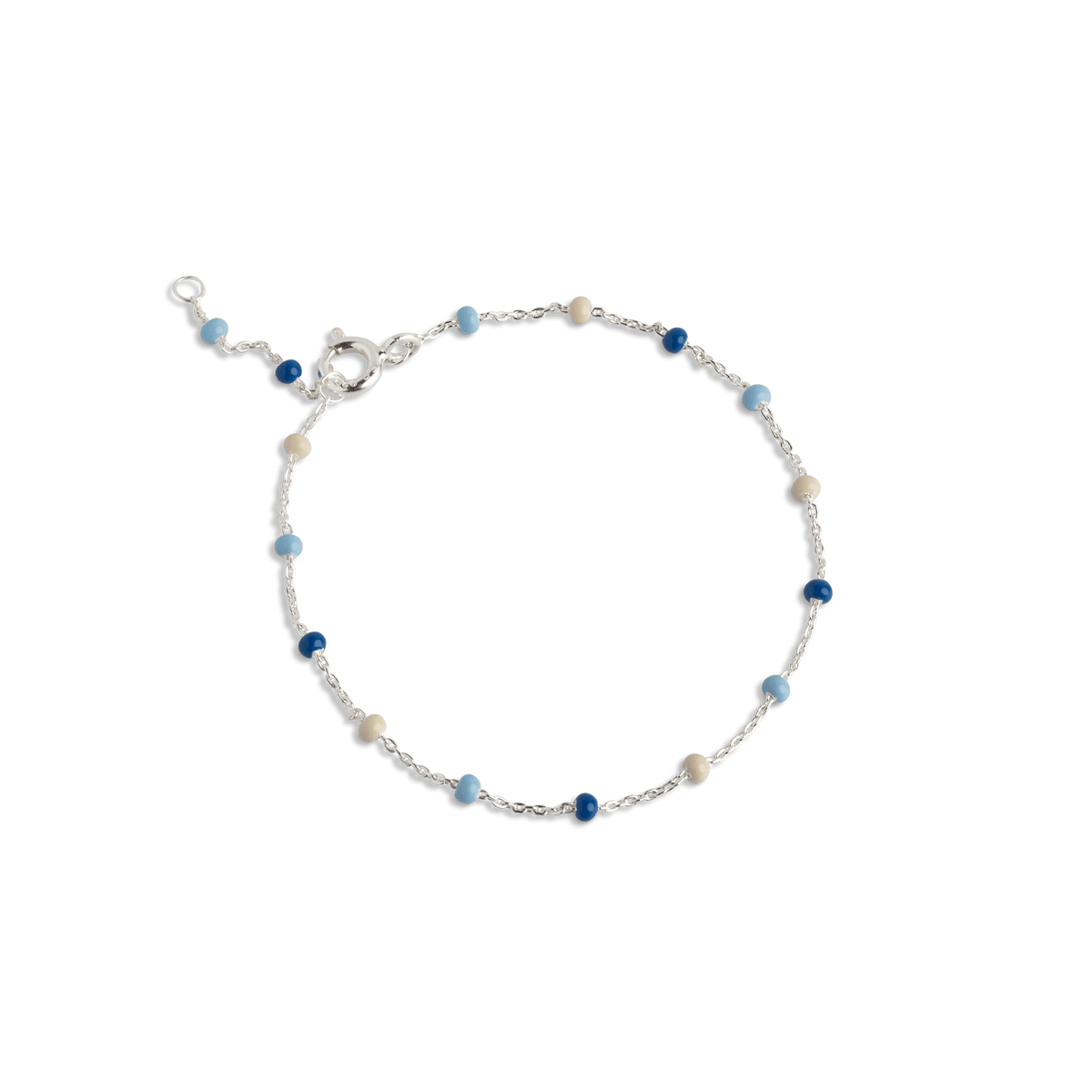 Enamel Lola Bracelet Marine shows a whimsical bracelet with small blue and cream pearls, Model b66s-marine-1.