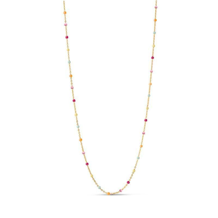 enamel lola gold plated necklace n55g rainbow shown on white background with colored pearls, Model n55g-rainbow-1
