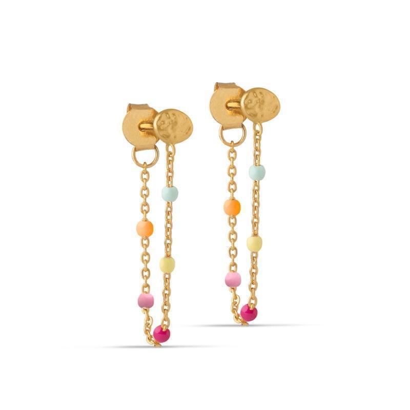 Enamel Lola Earrings with gold chain and rainbow colored pearls, Model E140GM-RAINBOW