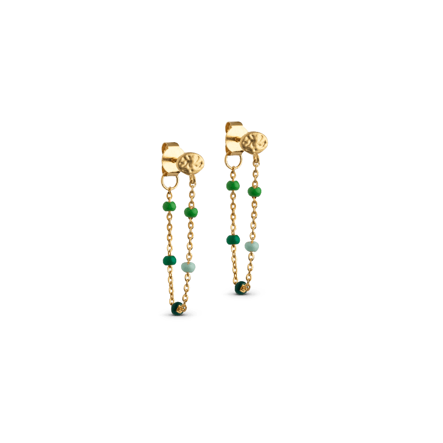 enamel lola earrings spring, cover image of elegant gold colored earrings with green pearls. Model spring-e140gm-spring-1