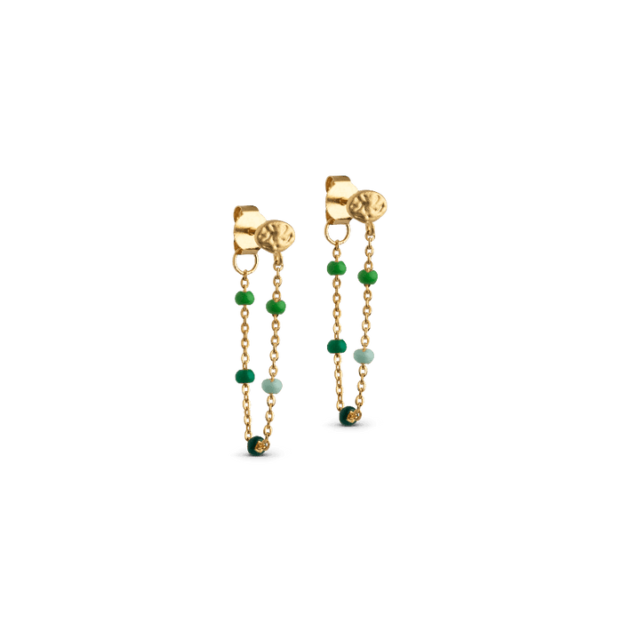 enamel lola earrings spring, cover image of elegant gold colored earrings with green pearls. Model spring-e140gm-spring-1