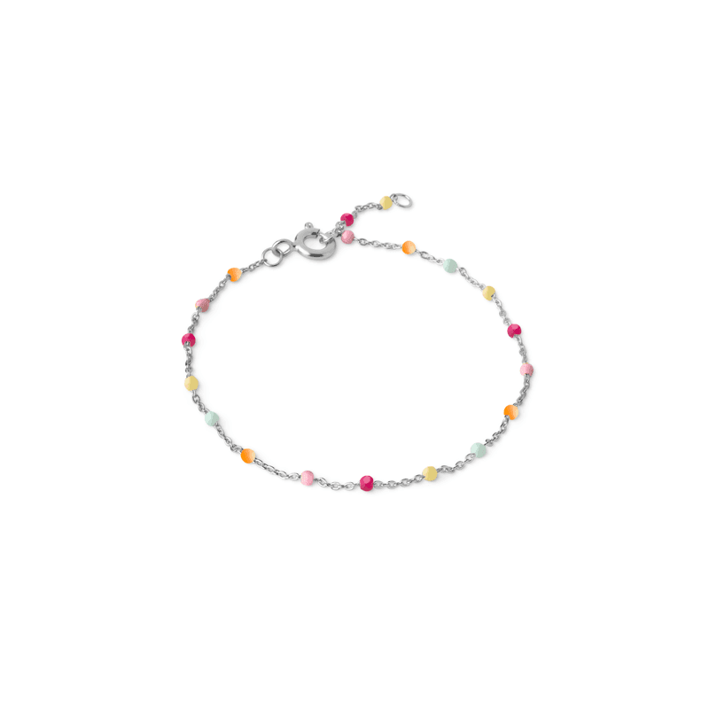 Enamel Lola silver bracelet with small colorful pearls in the shades of the rainbow, shown against a white background. Model b66s-rainbow-b66s-rainbow-1