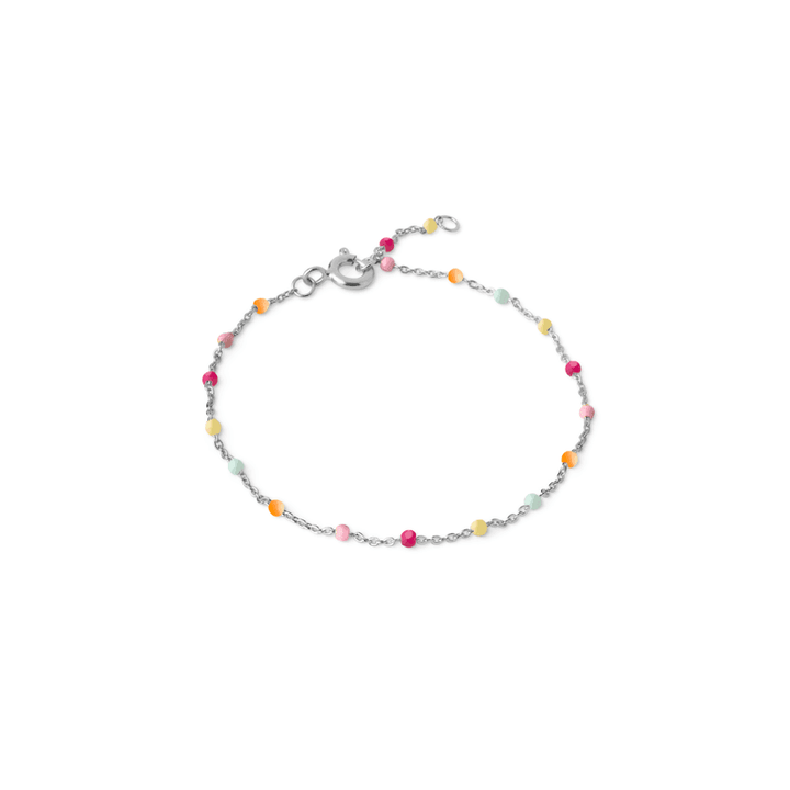 Enamel Lola silver bracelet with small colorful pearls in the shades of the rainbow, shown against a white background. Model b66s-rainbow-b66s-rainbow-1