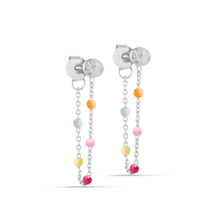 enamel lola silver earrings with colorful pearls on a thin chain, Model e140s-rainbow-e140s-rainbow-1