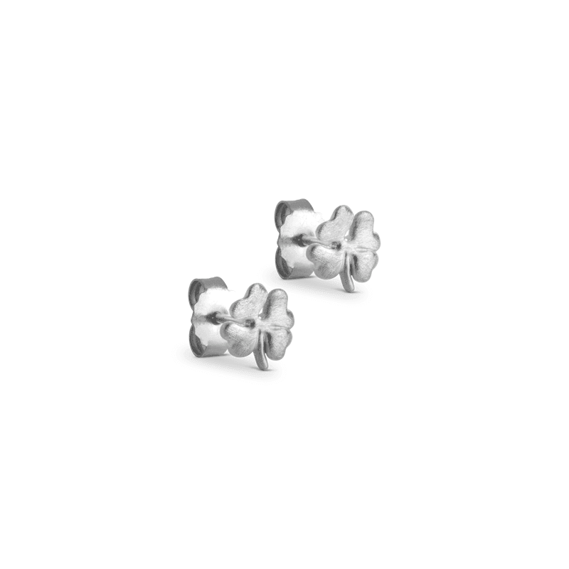 enamel organic clover ear studs. Silver ear studs shaped like four-leaf clovers with a matte finish. Model e238sm-e238sm-1