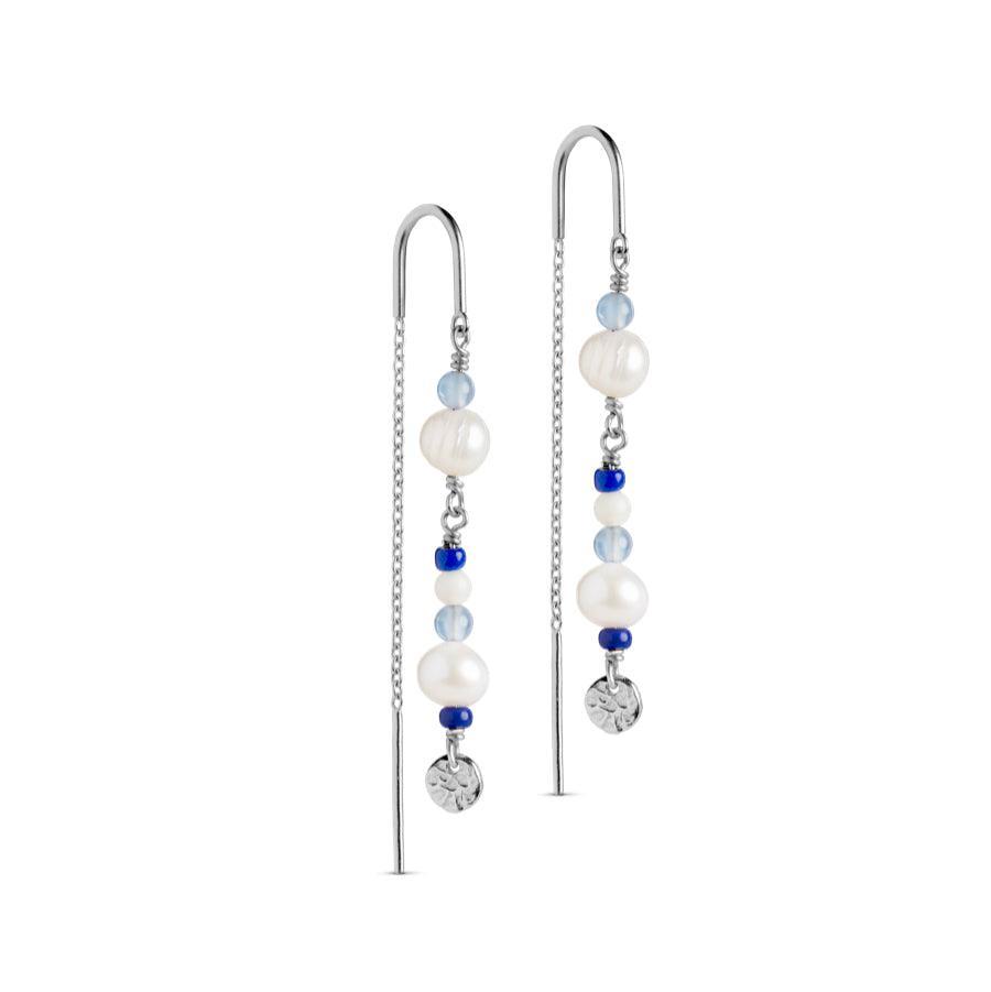 Enamel Sofia Earring Marine shows a pair of elegant silver earrings with white and blue pearls and a round pendant. Model e282s-e282s-1