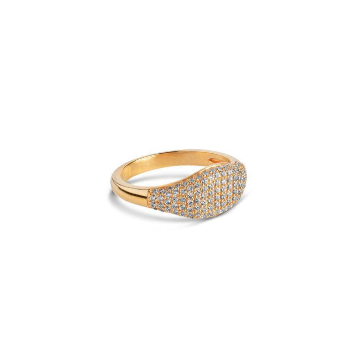 Enamel Sparkling Mary Ring r72g-r72g-001 shown as an elegant gold ring with sparkling stones on the front. Model r72g-r72g-001