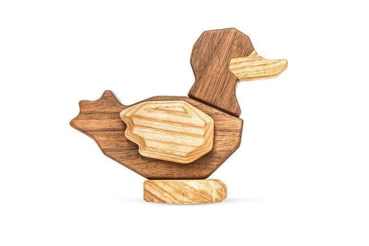 FableWood Duck inflatable wooden duck, composed of light and dark wooden modules on a white background. Model FW009-1.
