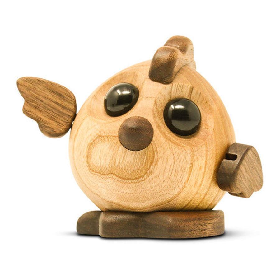 Fablewood Henny the hen shows a handmade, brown wooden figure with large black eyes and dark wings. Model 1106-1