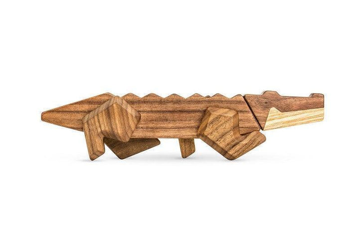 FableWood Crocodile in light and dark wood, magnetic figure with geometric design. Model FW006-1