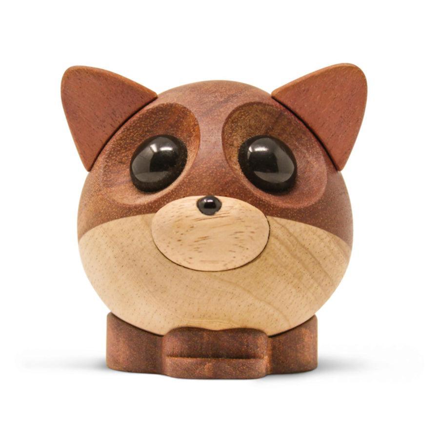 Fablewood Mikkel the fox, round wooden figure in light and dark brown shades with black eyes. Model 1118-1