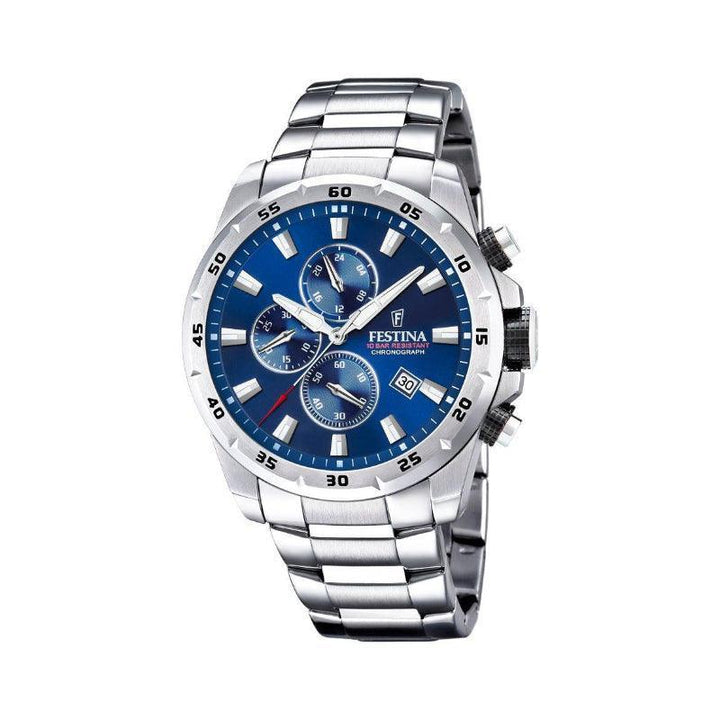 Festina Chrono Sport 204632 with blue dial, silver-colored steel chain and chronograph function. Model 204632-1