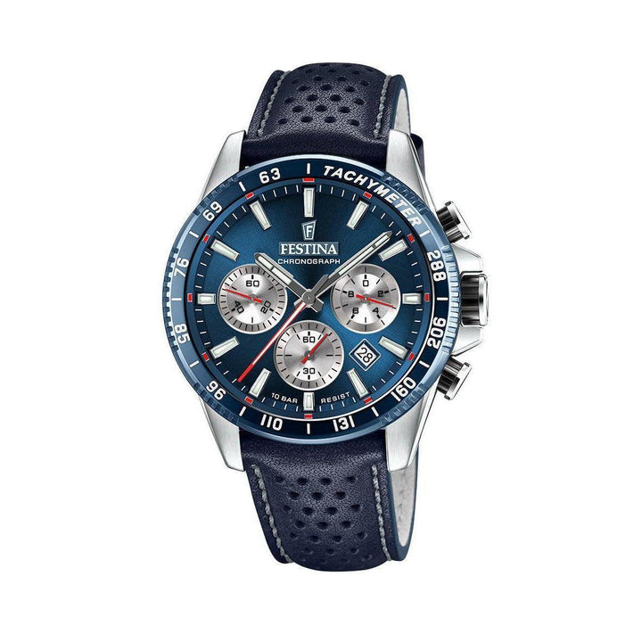 Festina Chrono Sport 20561/2 with blue dial, chronograph function and dark blue leather strap. Model 20561/2.