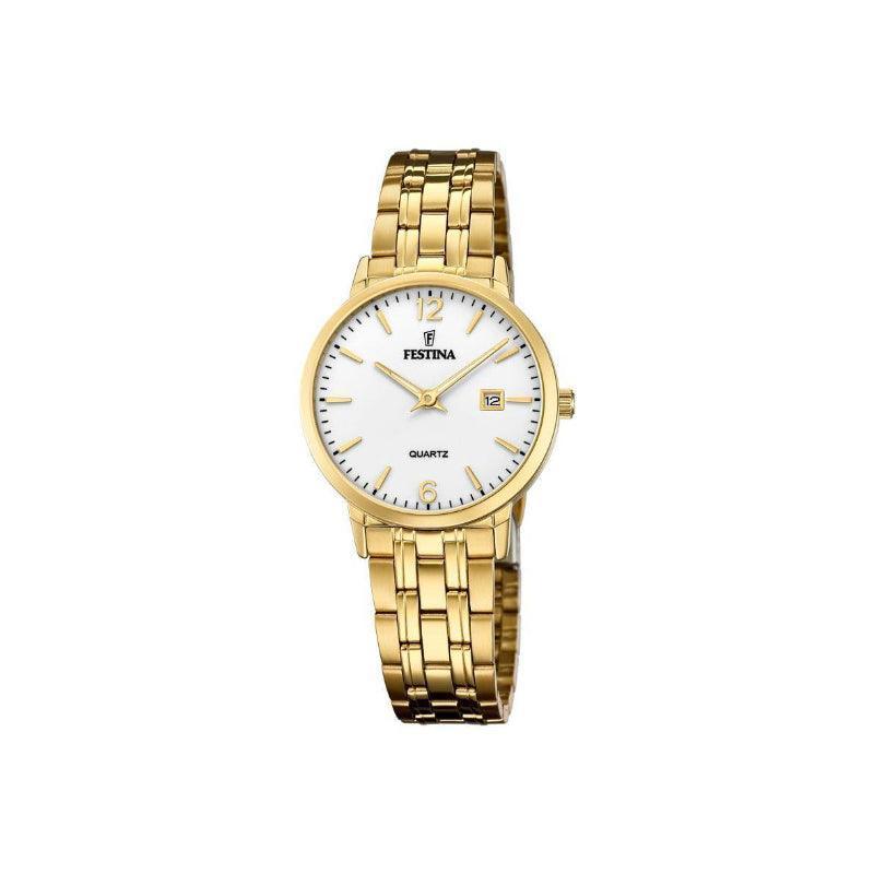 Festina Women's watch Classic with white dial, golden steel chain and date display. Model 205142-1.