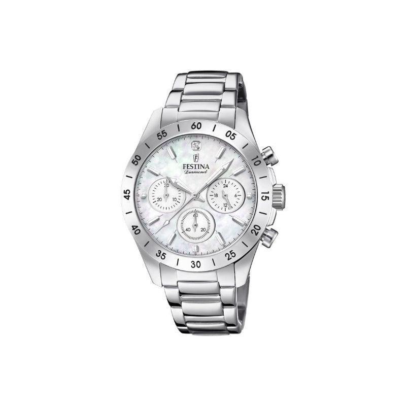 Festina Women's watch Diamond Chrono in steel with mother-of-pearl dial and chronograph function. Model 203971-1